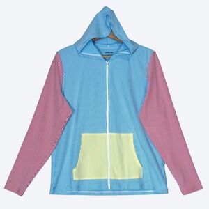 Lands' End Womens XL Hooded Zip Up Swim Cover Up Jacket Retro Seersucker Striped